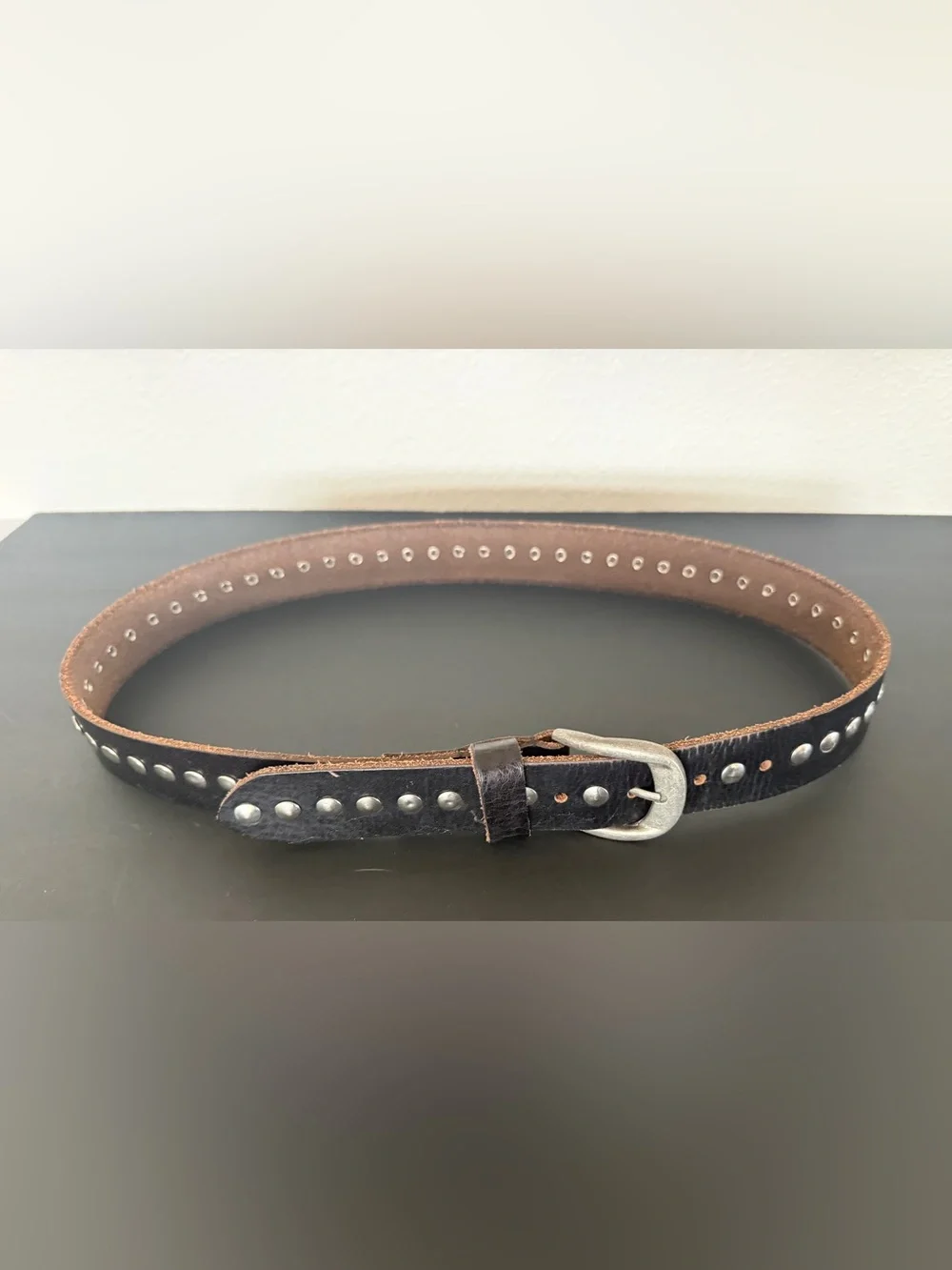 Women’s Black Genuine Leather Studded Belt Silver Tone Western 39”